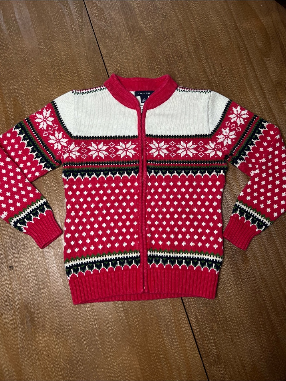 Vintage Knit Lands' End Red Pink & Cream Nordic Zip Sweater